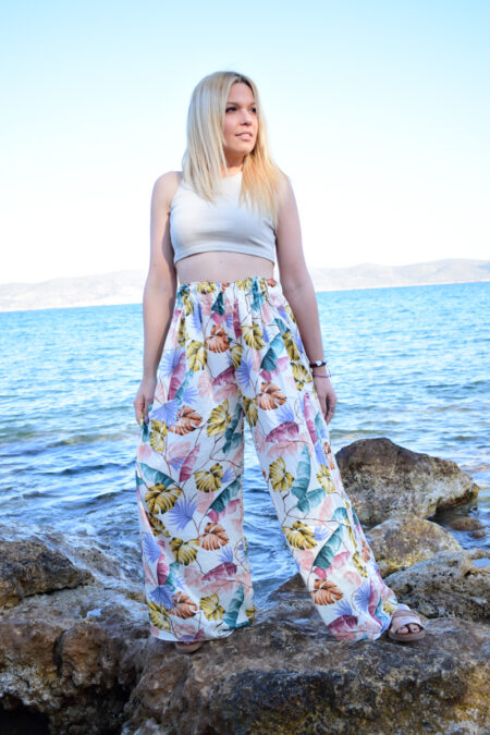 Γυναικεία ψηλόμεση φλοράλ παντελόνα με λάστιχο στη μέση και φαρδιά γραμμή