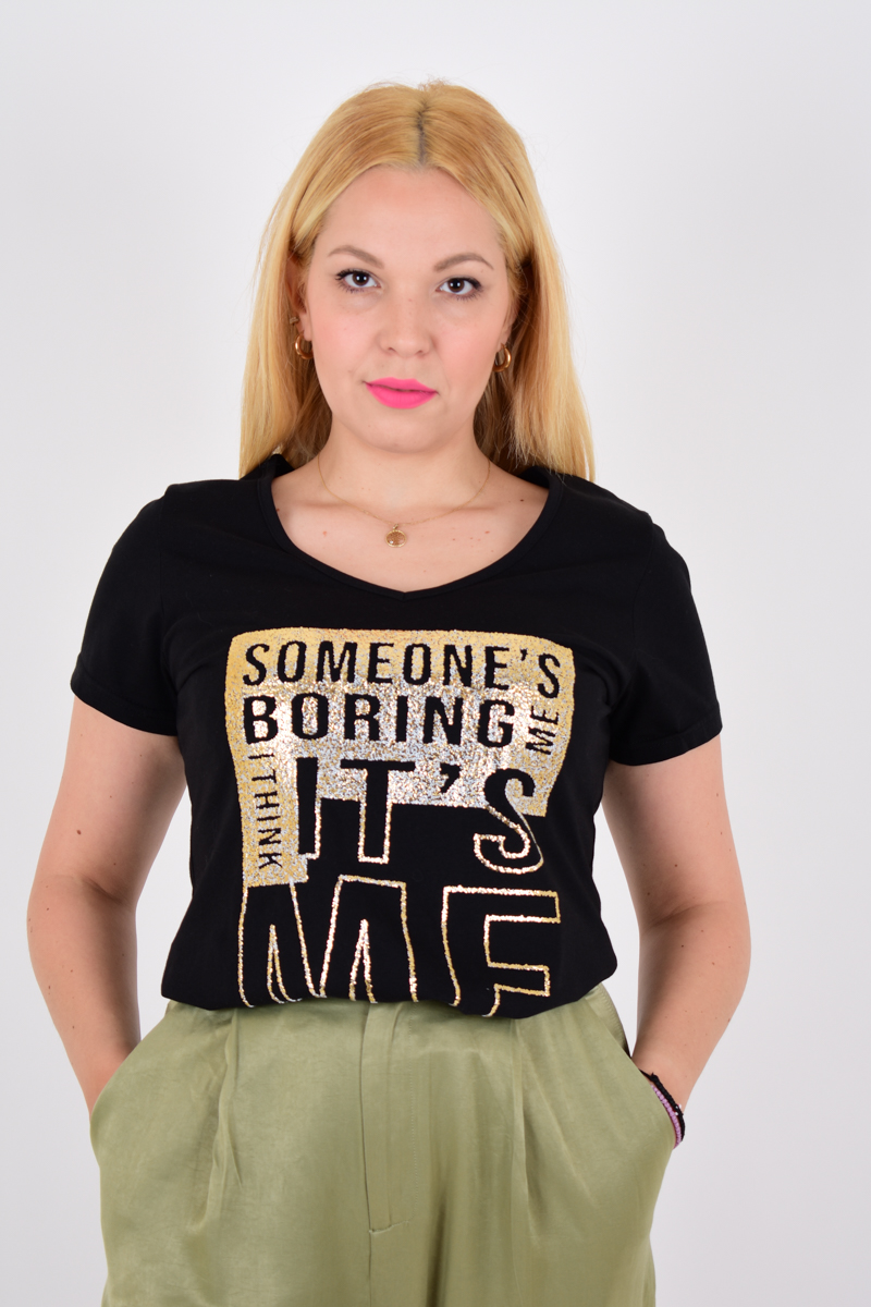 γυναικείο μαύρο t-shirt από βαμβάκι με χρυσά ανάγλυφα στοιχεία