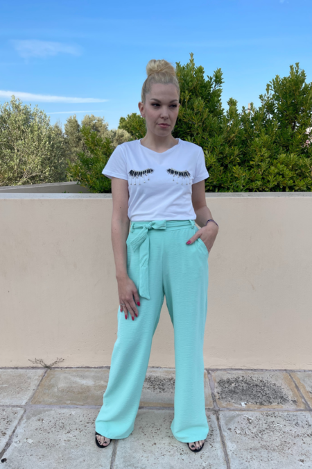 Γυναικεία ψηλόμεση παντελόνα σε ίσια γραμμή με λάστιχο και ζωνάκι στο ίδιο χρώμα