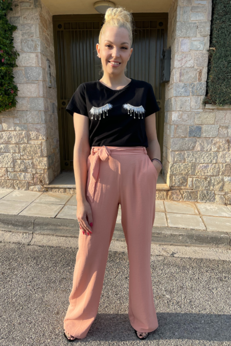 Γυναικεία ψηλόμεση παντελόνα σε ίσια γραμμή με λάστιχο και ζωνάκι στο ίδιο χρώμα