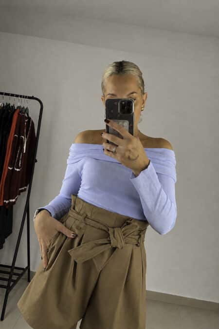 Γαλάζια γυναικεία ελαστική μπλούζα off shoulder Santolo